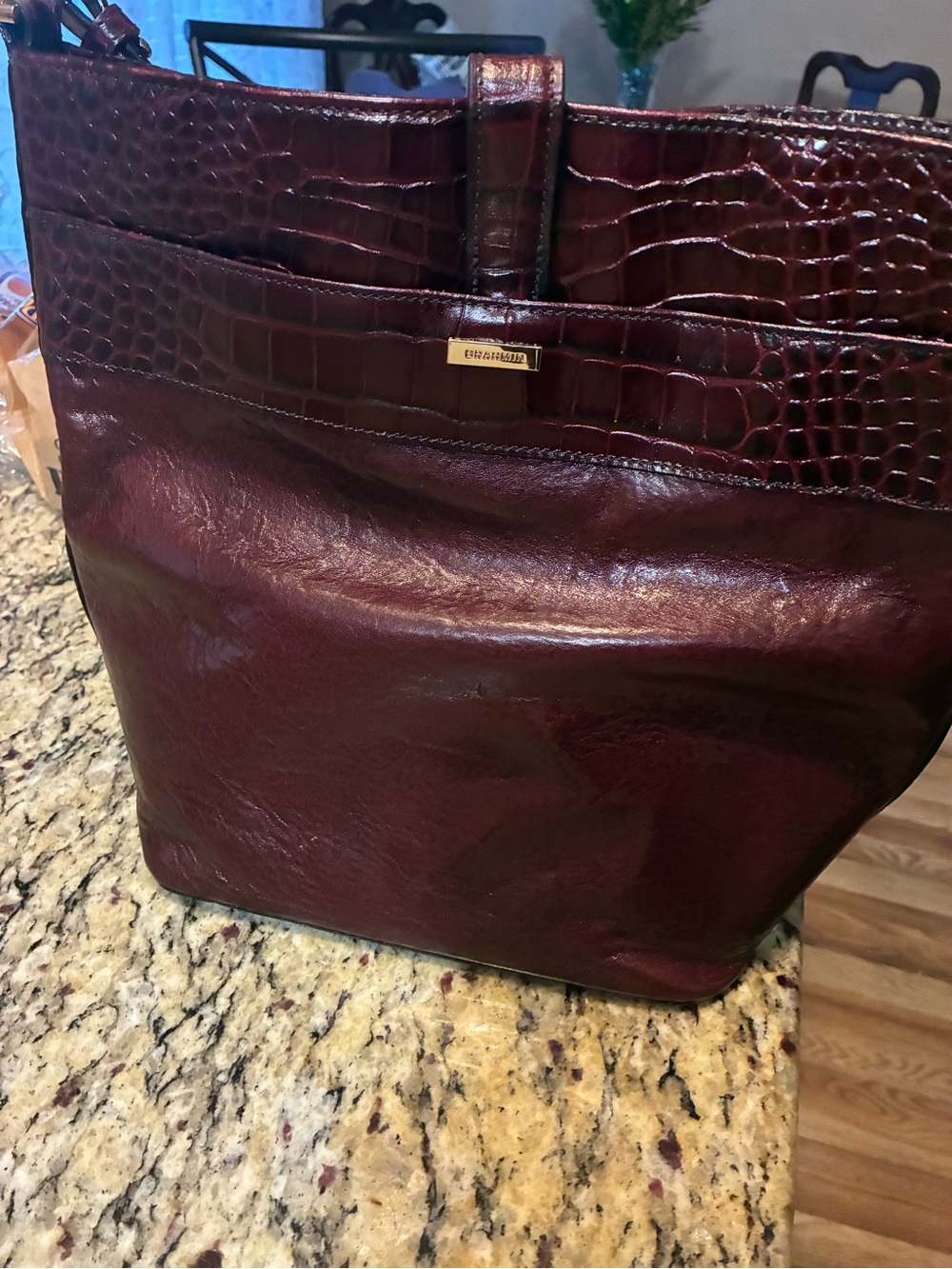 Brahmin Deep Burgundy Croc-Trim Shoulder Tote